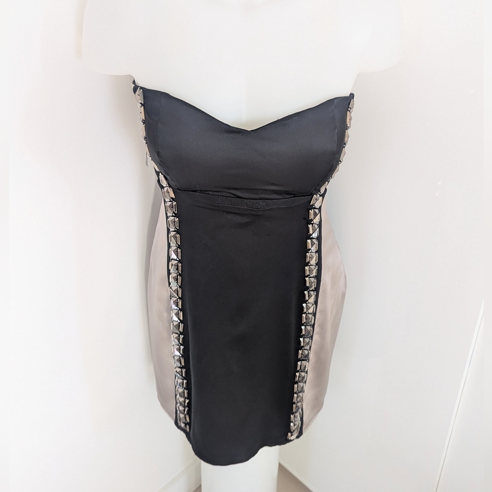 STELLA & JAMIE Color-Block Silk Strapless Mini Dress, Metallic Beading; Size M - Picture 4 of 15